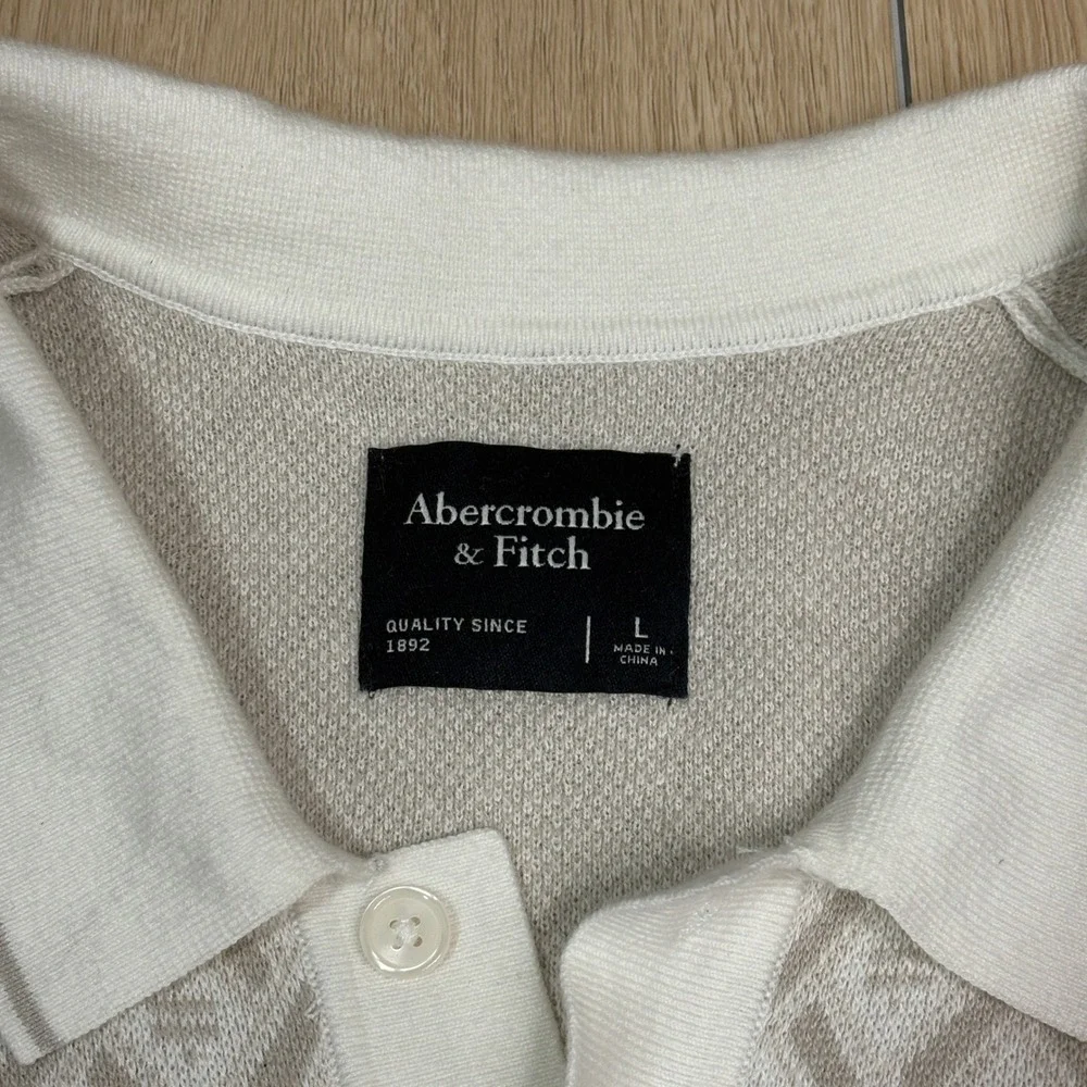 Abercrombie & Fitch Mens Large Geometric Knit Sweater Polo Shirt Cream Tan L